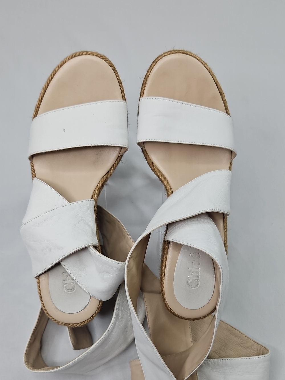 Chloe Baby Lamb White Leather Espadrille Sandals with Wrap Straps Size 35/5
